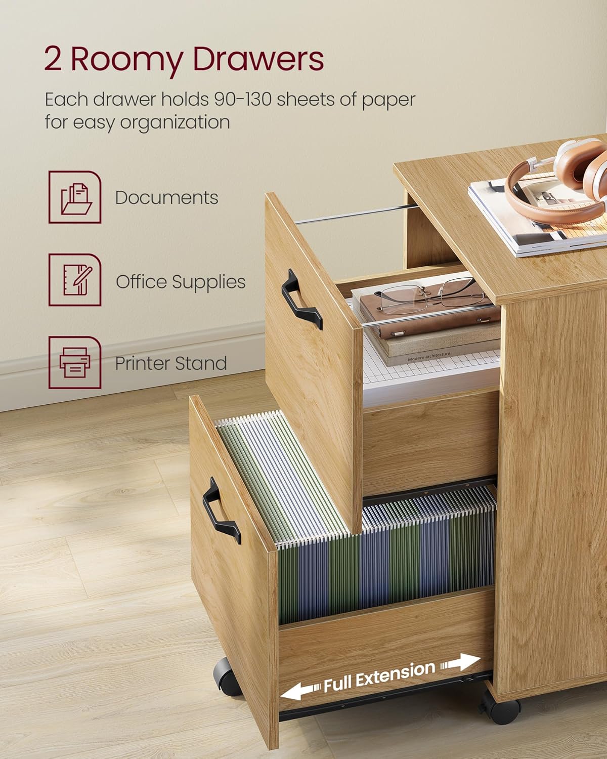 VASAGLE 2-Drawer File Cabinet, Small Rolling Filing Cabinet for Home Office, Printer Stand, for A4, Letter-Size Documents, 15.7 x 16.5 x 27.6 Inches, Straw Yellow UOFC040Y70