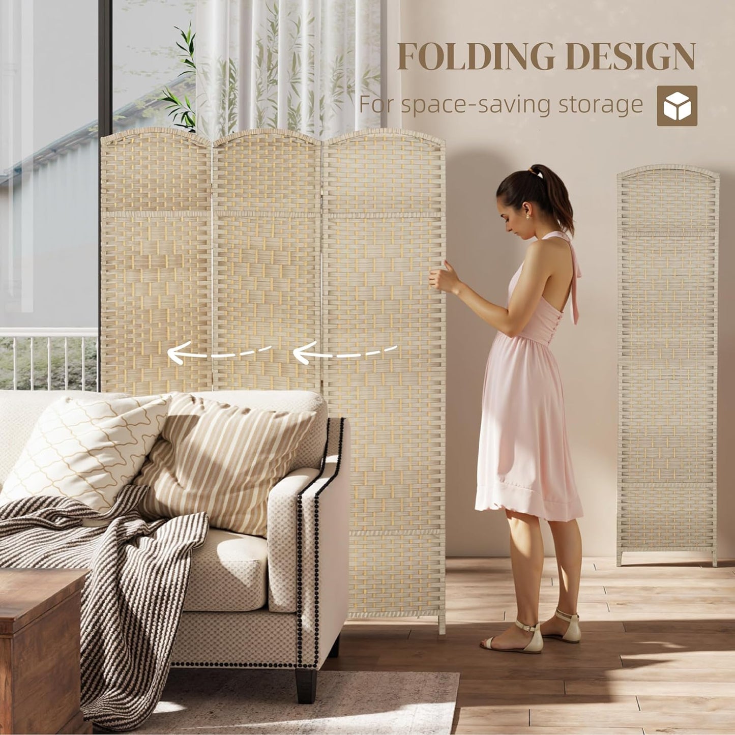 HOMCOM 3 Panel Room Divider, 6' Tall Folding Privacy Screen, Hand-Woven Freestanding Wall Partition for Home Office, Bedroom, Washed Oak