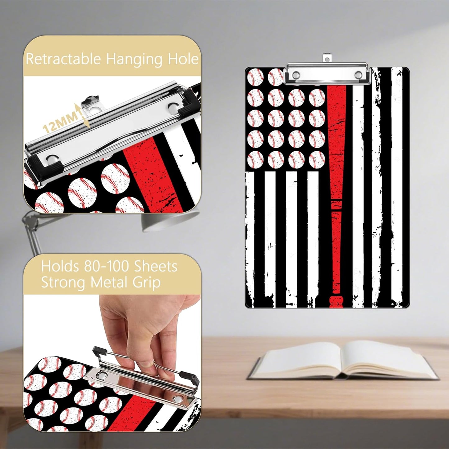 Baseball Flag Plastic Clipboards,Decorative Plastic Acrylic Clipboard for Teacher Social Worker Students Office Supplies 8 * 12