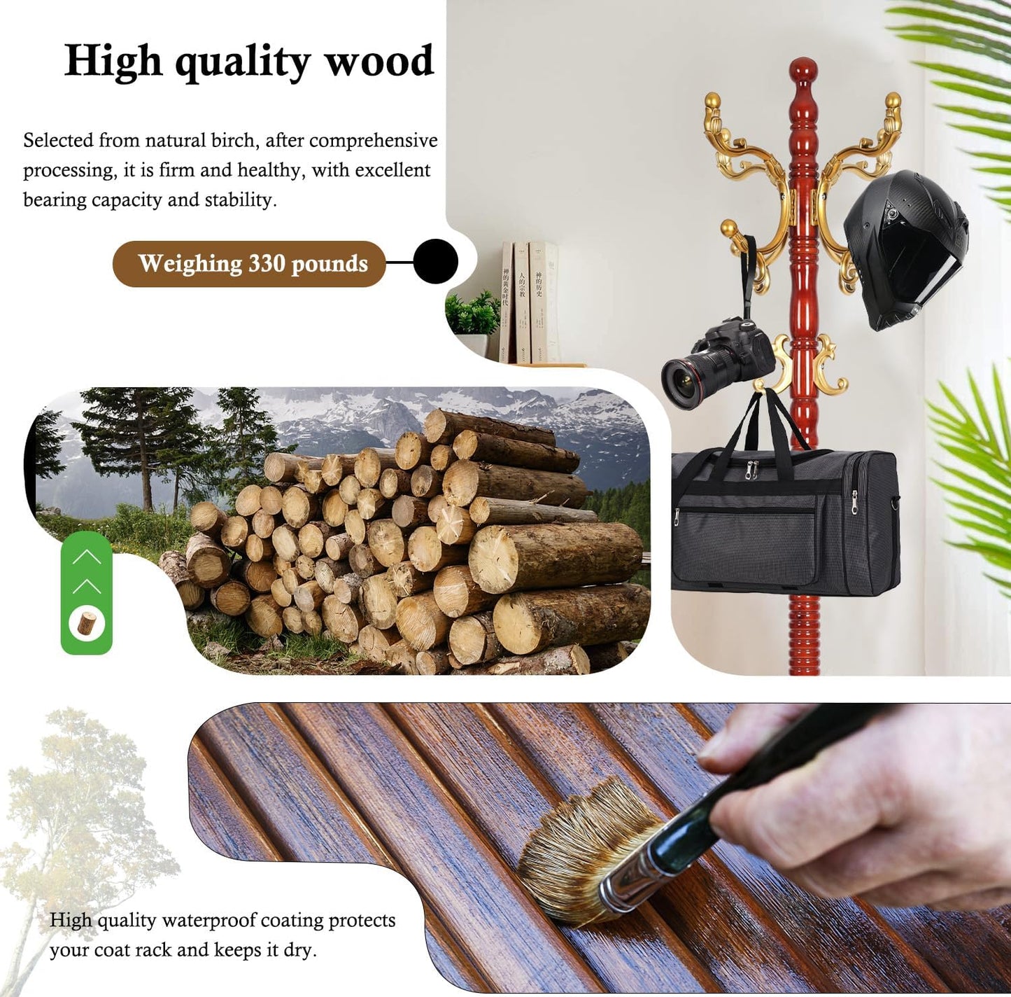 Coat Rack Stand, Solid Wooden Coat Tree with 14 Hooks, Heavy Duty Coat Rack Freestanding with Sturdy Round Base, Natural Birch Wood Coat Hanger Stand for Entryway Bedroom (Begonia)