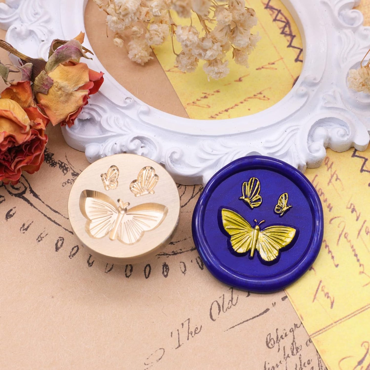 SWANGSA 3D Butterfly Wax Seal Stamp, Vintage Electroplated Bronze Flower Handle Sealing Stamp for Wedding Party Invitations Gift Idea Decoration