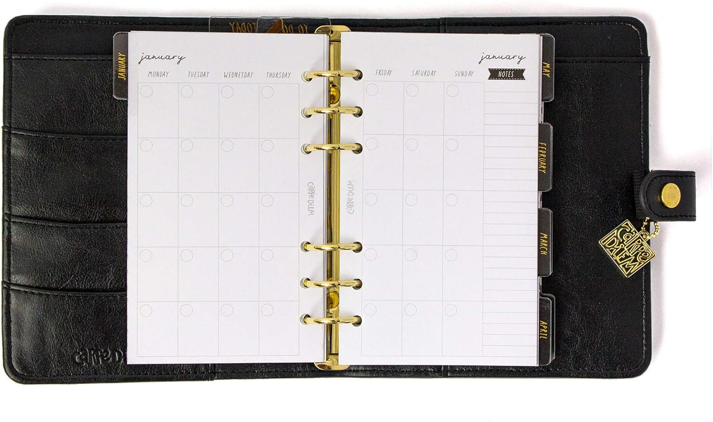Pukka Pad, Carpe Diem Personal Planner - Soft Cover Binder with Weekly, Monthly Undated Inserts in Tabbed Sections, Interior Pockets and Sticker Sheets - 8 X 7.5 X 1.4 Inches, Black
