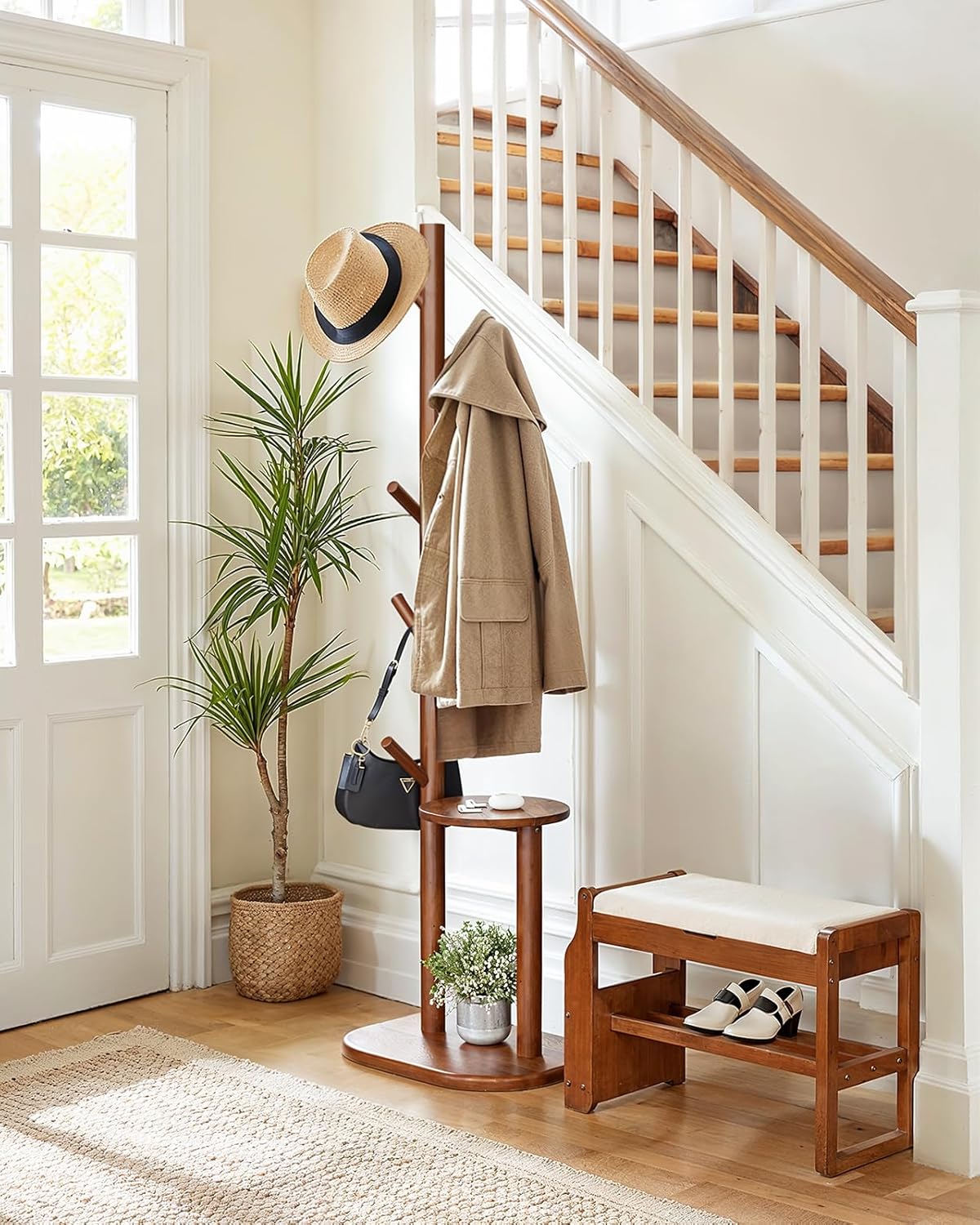 Pipishell Coat Rack, Freestanding Hall Tree with 8 Hooks & Storage Shelf, Solid Wood Base, 66.3″ Tall Coat Rack Stand for Coats, Hats, Bag in Entryway, Bedroom, Living Room, Brown, PIFCR11BN