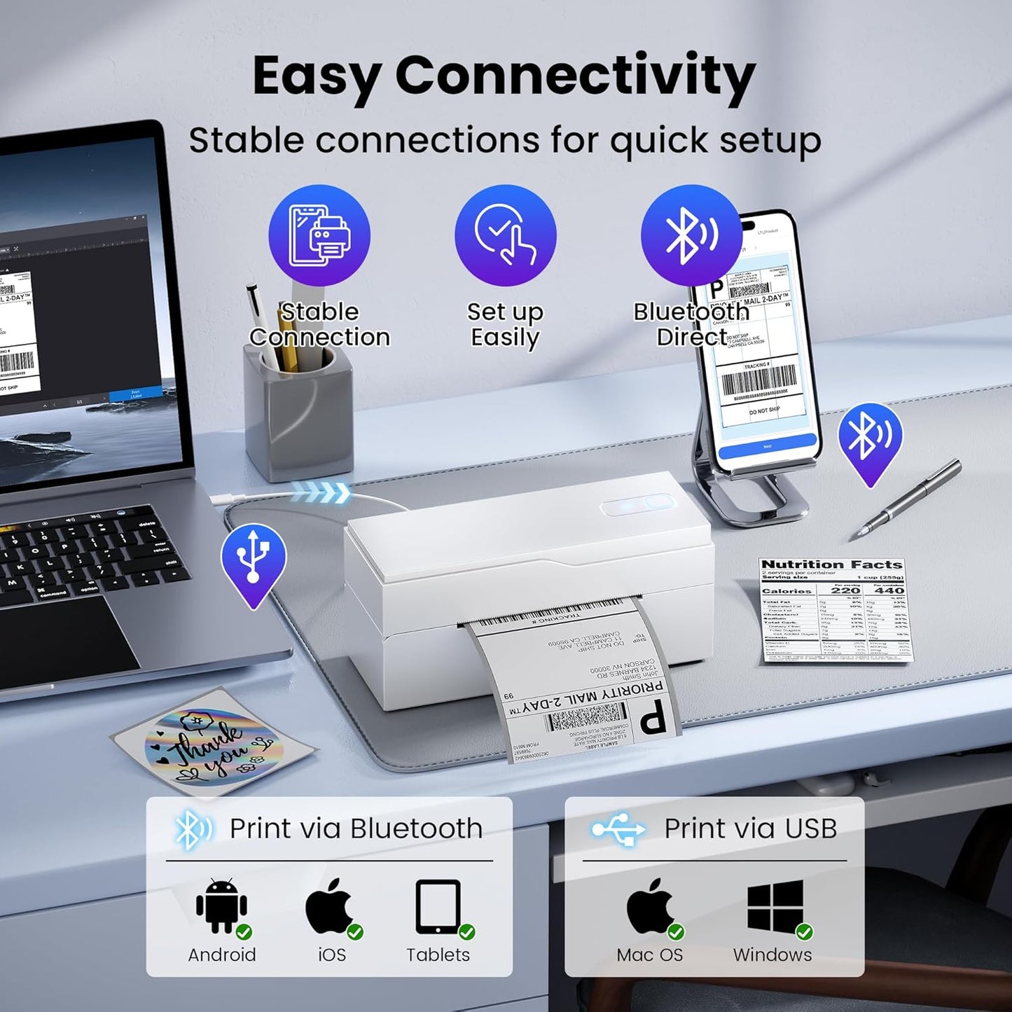 Bluetooth Thermal Label Printer – 4x6 Shipping Label Printer for Small Businesses & Shipping Packages, Compatible with Android, iPhone, and Windows, Ideal for Amazon, eBay, Shopify, Etsy (White)