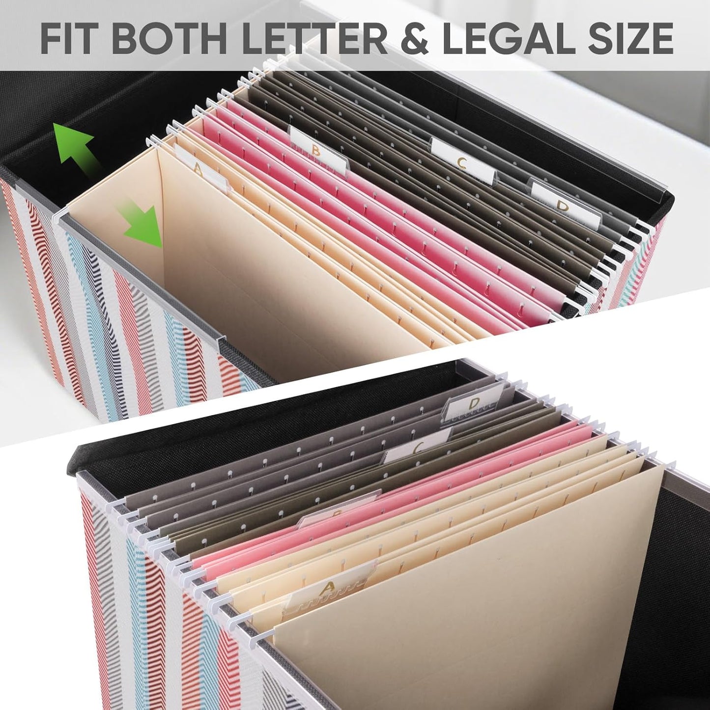 BALEINE File Organizer Box with Lid, Collapsible File Folder Organizer with Plastic Slide, Hanging File Folder Box for Office Document Storage (2 Pack, Color Stripe)