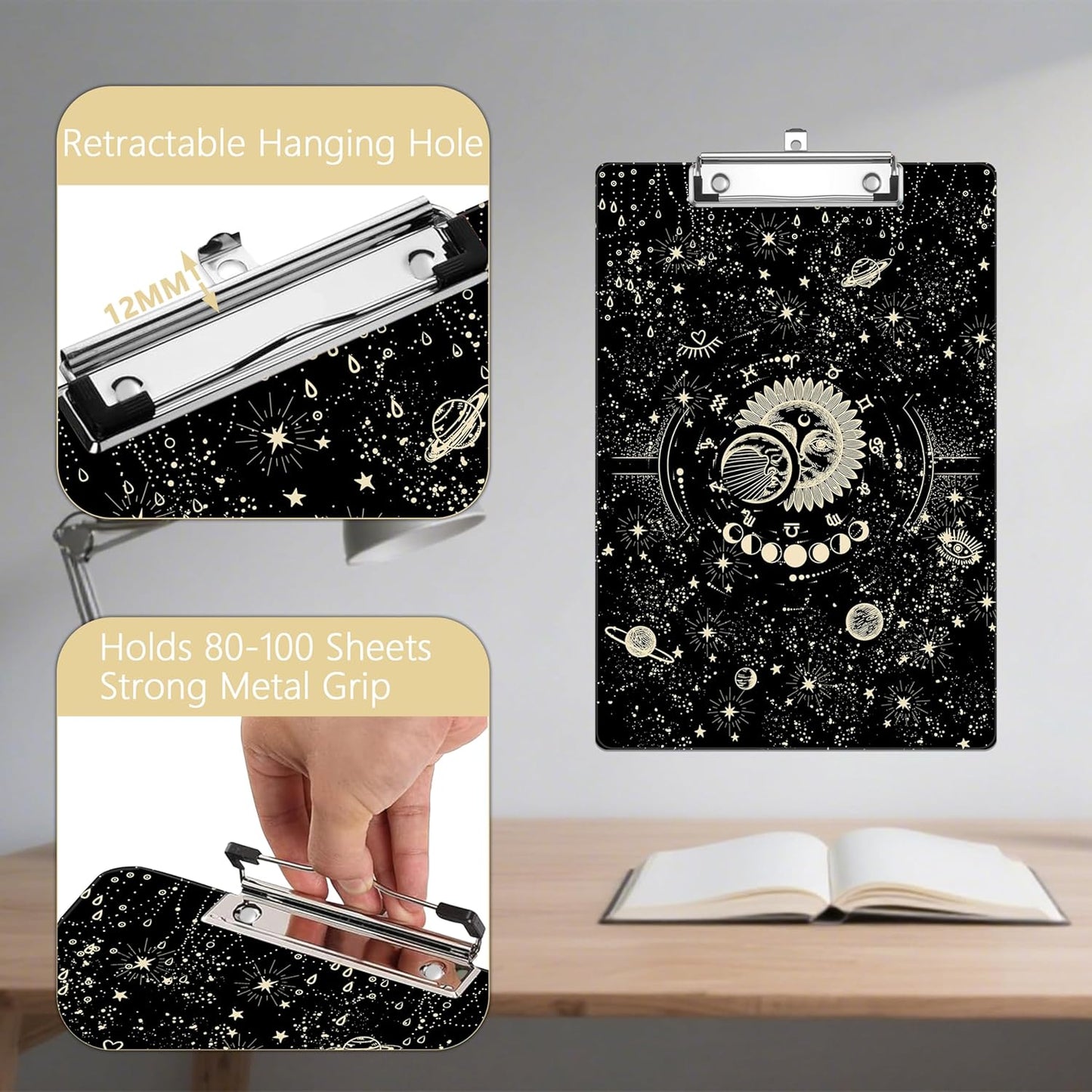 Golden Sun Moon Plastic Clipboards,Decorative Plastic Acrylic Clipboard for Teacher Social Worker Students Office Supplies 8 * 12