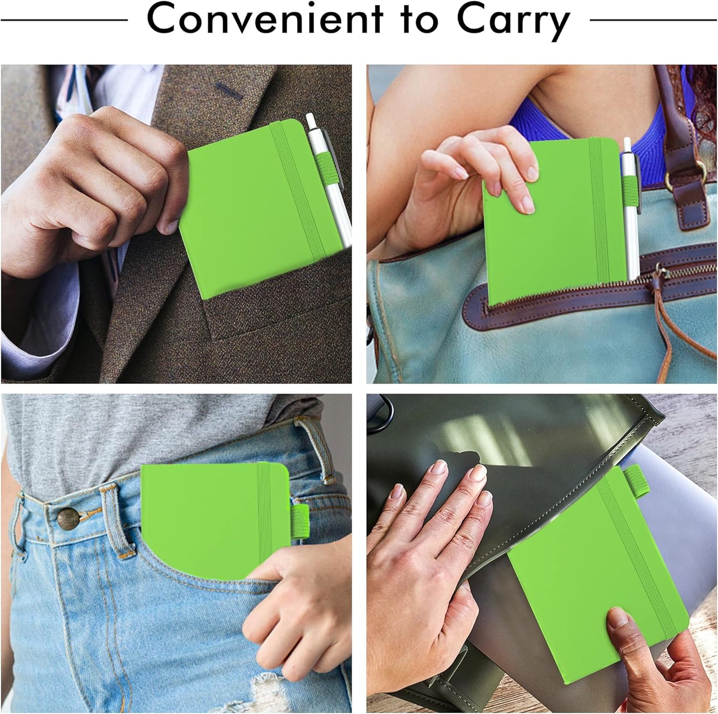 feela 3 Pack Pocket Small Notebook Journals, Mini Cute Memo Notepad Hardcover College Ruled Lined Journals with Pen Holder for Women Girls Office School, with 3 Black Pens, 3.5”x 5.5”, A6, Green