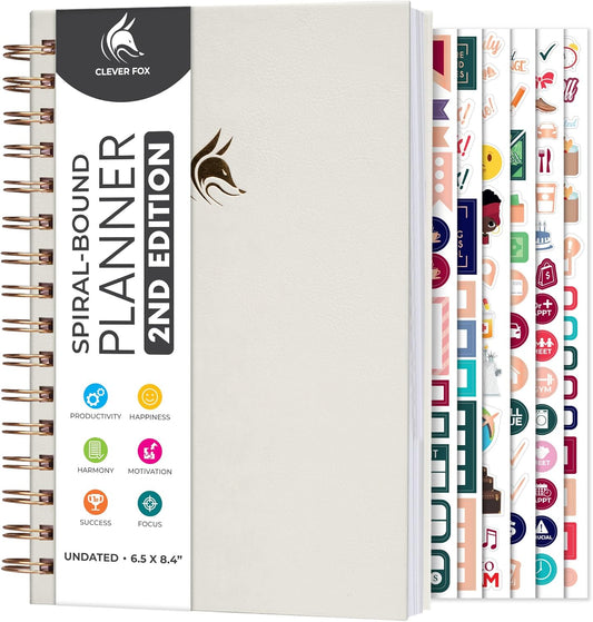 Clever Fox Planner 2nd Edition Spiral – Colorful Weekly & Monthly Goal Planner, Time Management & Productivity Organizer, Undated (White)
