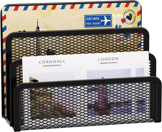 Marbrasse Mail Organizer for Desk, 3-Slot Mesh Metal Mail Holder countertop, Letter Holder, Office Desktop Envelope and Document Storage Rack (Black)