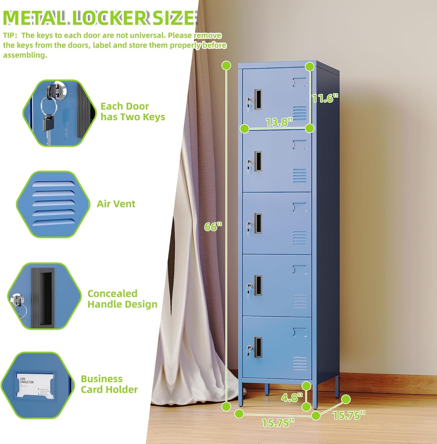 Aobabo 16" W 5 Door Metal Storage Locker with Lock, 66" H Steel Locker with Name Card Holder and Metal Leg for School, Home, Office, Playroom, Assembly Required, Blue