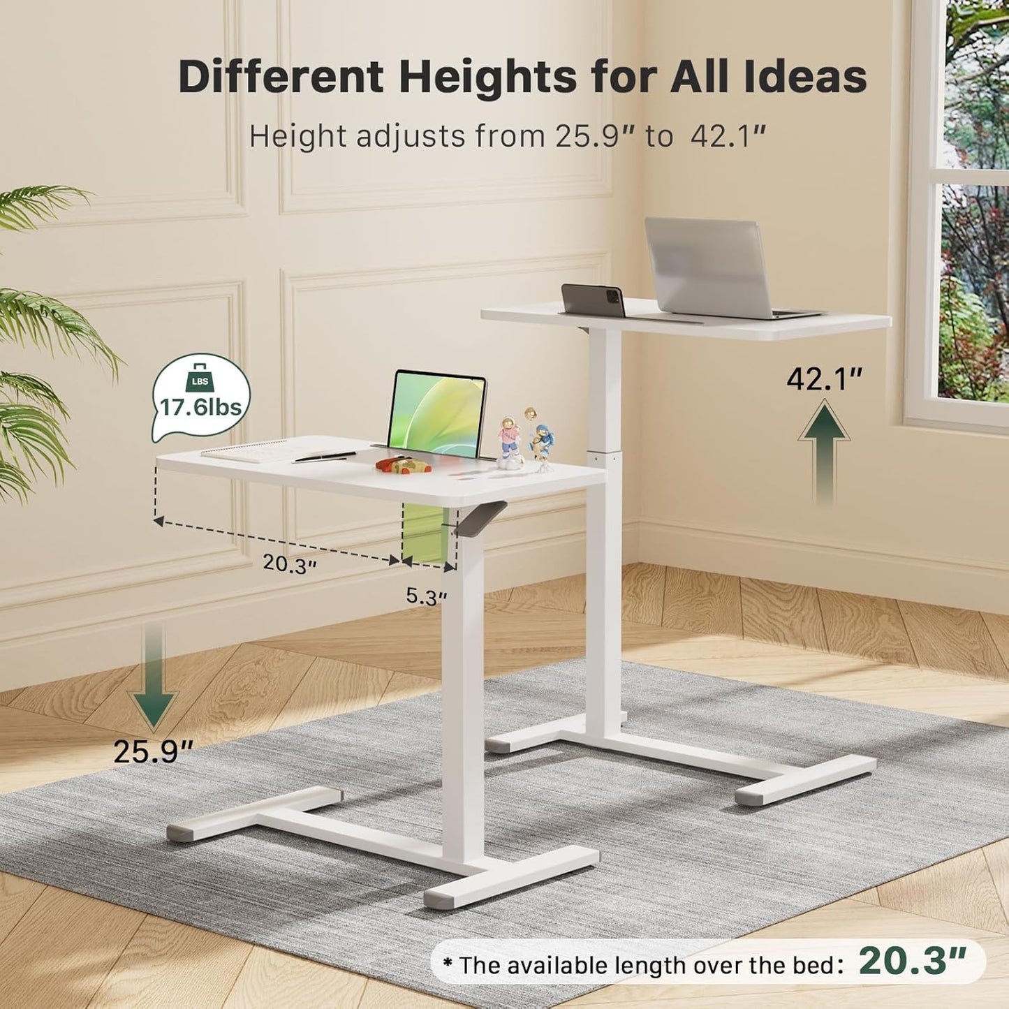 Mobile Standing Desk, Pneumatic Adjustable Rolling Desk(27.5 Inches), Portable Laptop Desk with Wheels, Overbed Bedside Table Laptop Table for Couch, Home, Office, White