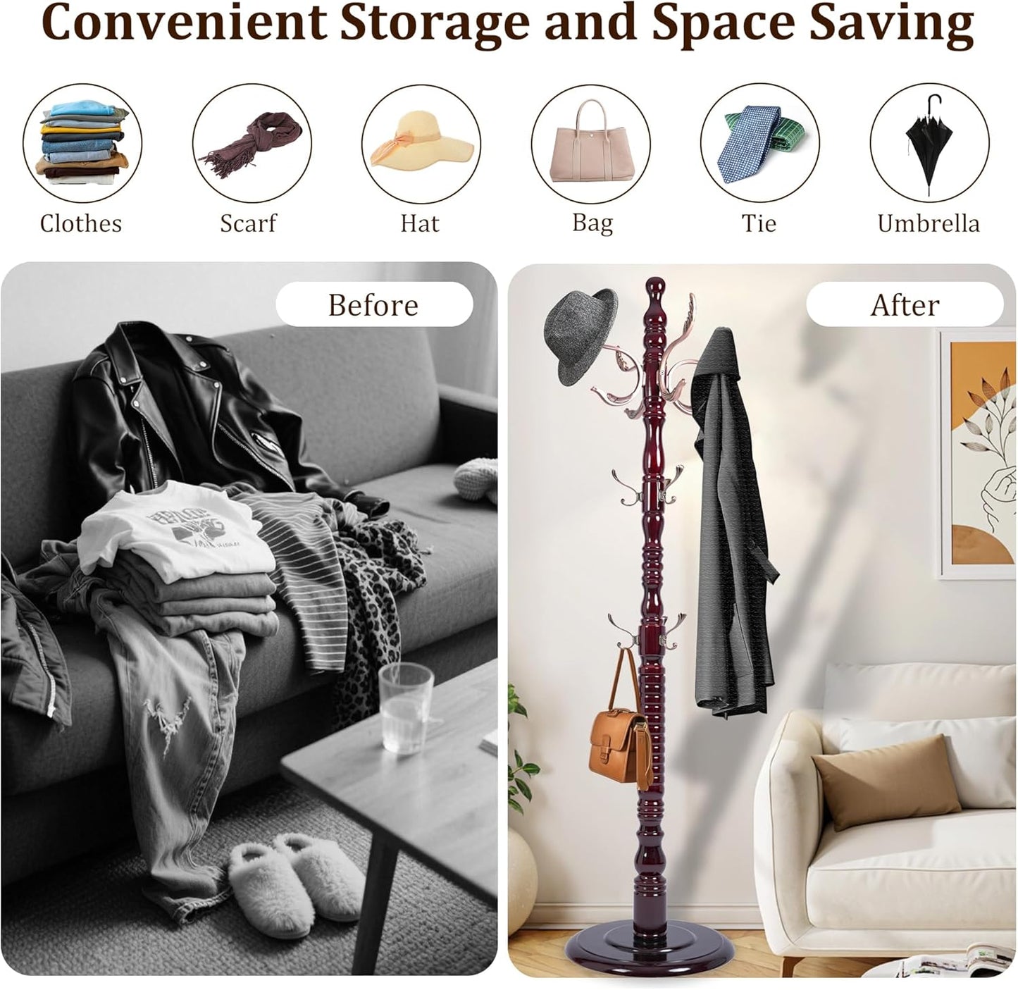 Vintage Free Standing Coat Rack with Disc Base, Solid Wood Coat Hanger Stand with 20 Metal Hooks and 3 Adjustable Size, Standing Coat Rack Tree for Entryway, Bedroom, Hallway, Office, Apartment