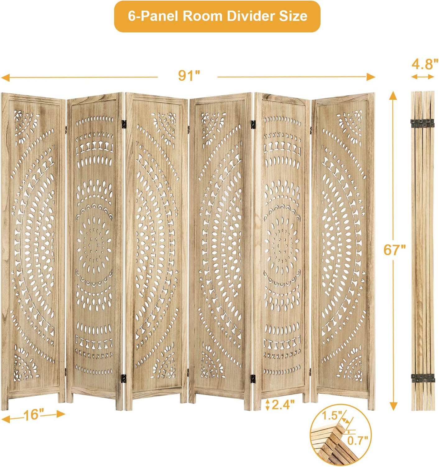 6 Panel Handcrafted Carved Room Divider Screen, 360° Adjustable Wood Folding Privacy Screens for Room Separation, 66.9 Inch Partition Room Dividers for Home Bedroom Office, Natural