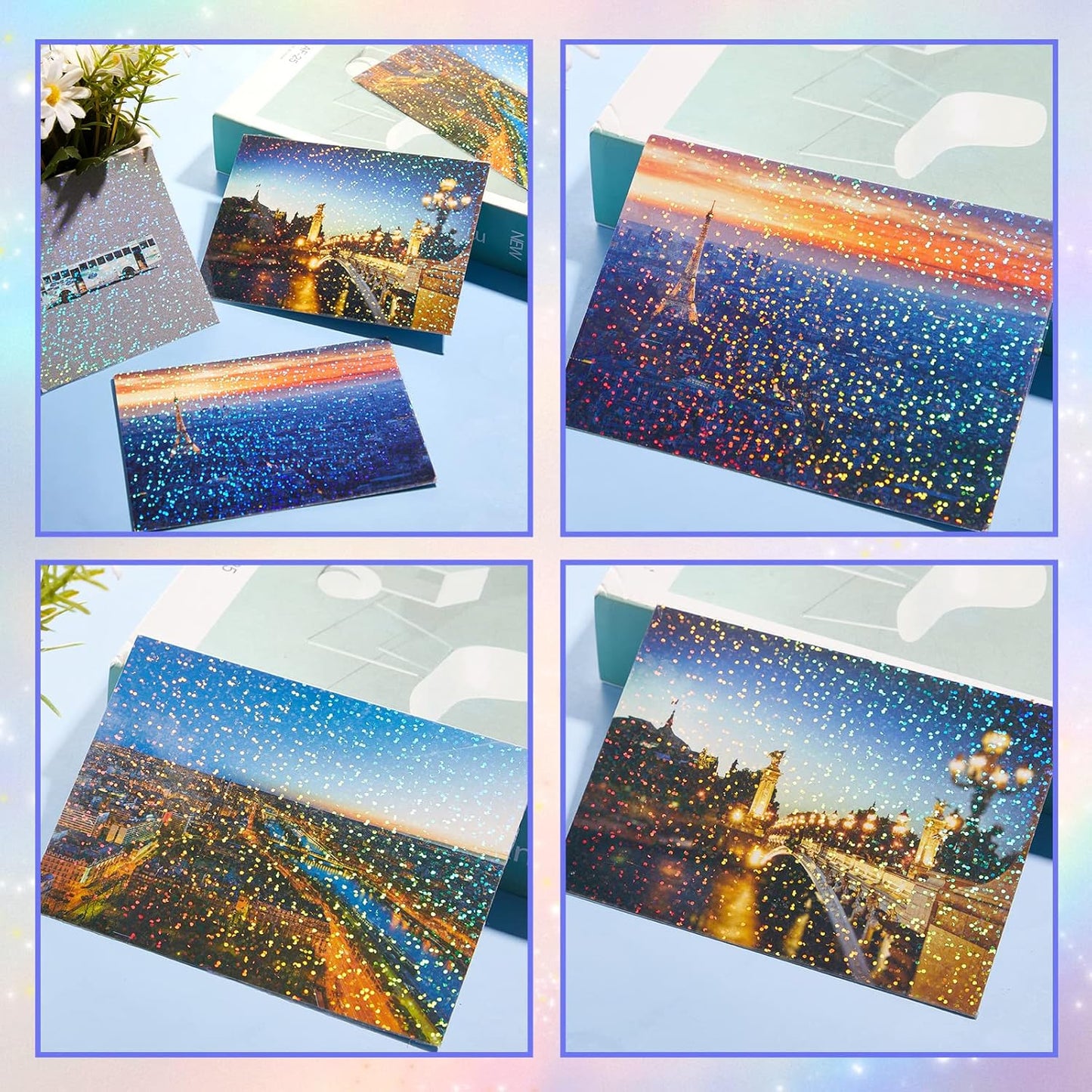 Nezyo 60 Sheets Holographic Laminate Sheets Clear Glitter A4 Size Vinyl Sticker Paper Holographic Overlay Self Adhesive Waterproof Transparent Film, 11.7 x 8.3 Inch (Little Dot)