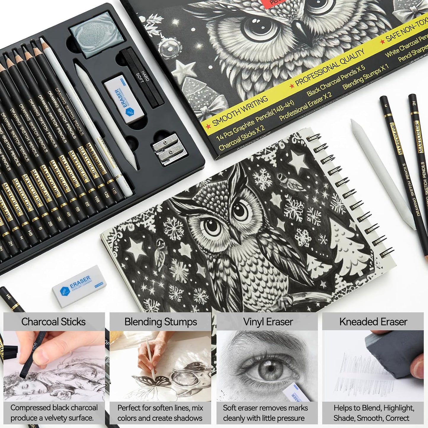 Drawing Sketching Pencil Set, 26 Pieces, Graphite Pencils (14B-4H), Charcoal Pencils, Charcoal Sticks, Blending Stump, Eraser, Sharpeners, Artist Pencils for Beginners & Pro Artists