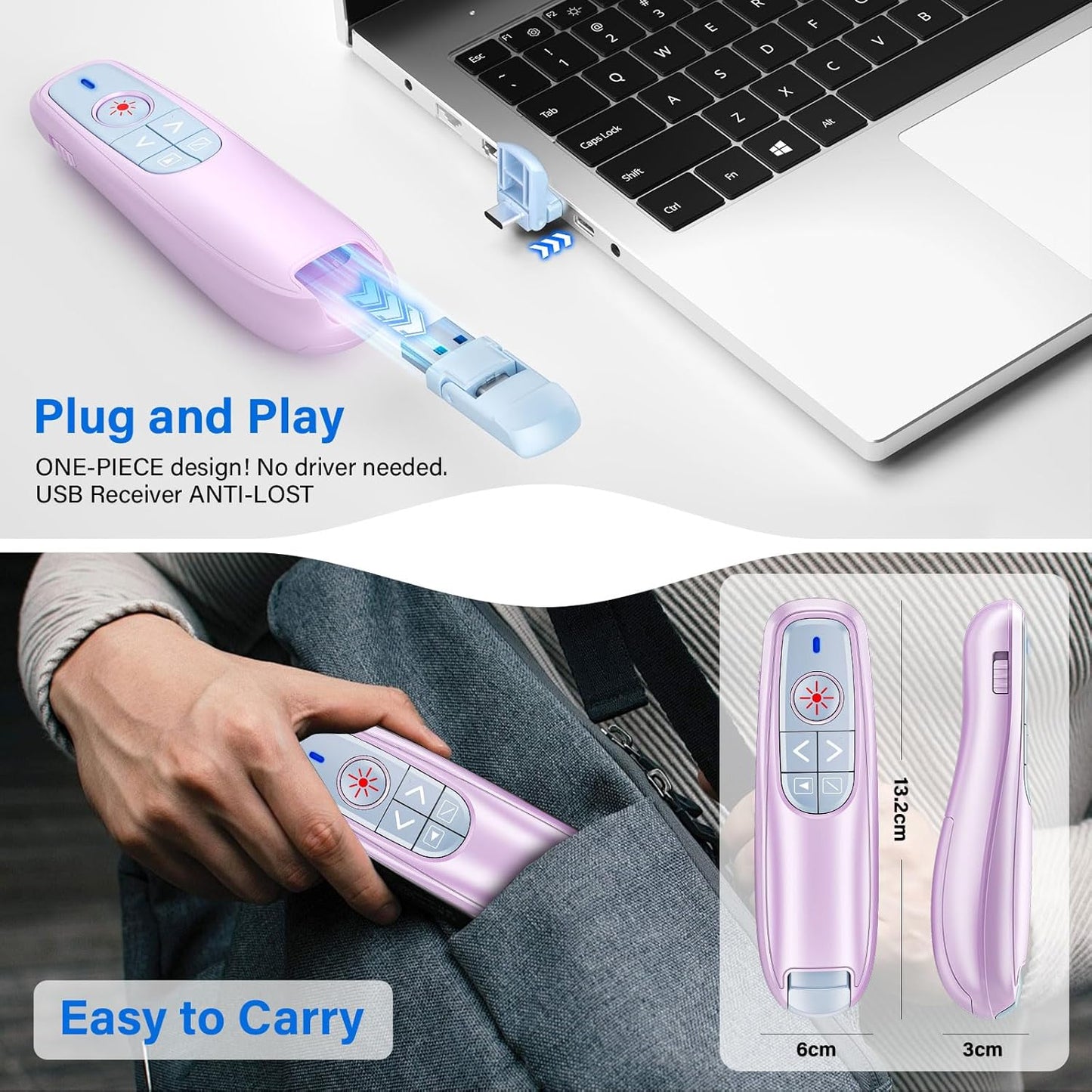 2-in-1 USB Type C Presentation Clicker, Wireless Presentation Clicker PowerPoint Presenter Remote with Volume Control, Powerpoint Clicker with Slide Advancer for Computer/Laptop/Mac,Pink