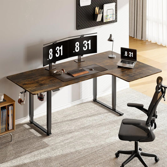 L Shaped Standing Desk, 71x43 Inches Electric L Stand Up Desk with 4 Legs, Dual Motor and Memory Controller, Adjustable Height from 28-46 Inches for Home and Computer Workstation, Rustic Brown