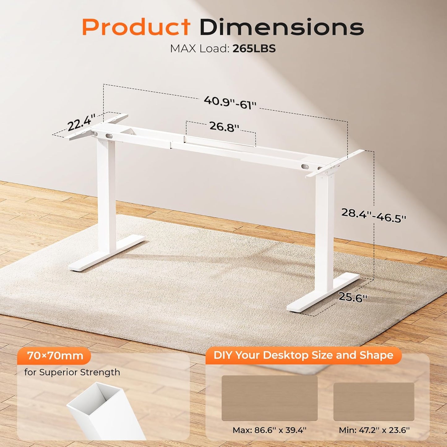 Huuger Dual Motor Electric Standing Desk Frame, Sit Stand up Desk Leg for 47.2” to 86.6” Desktop, Computer Desk Leg with Cable Tray, 3 Memory Height Presets, 2 Hooks, White Frame Only