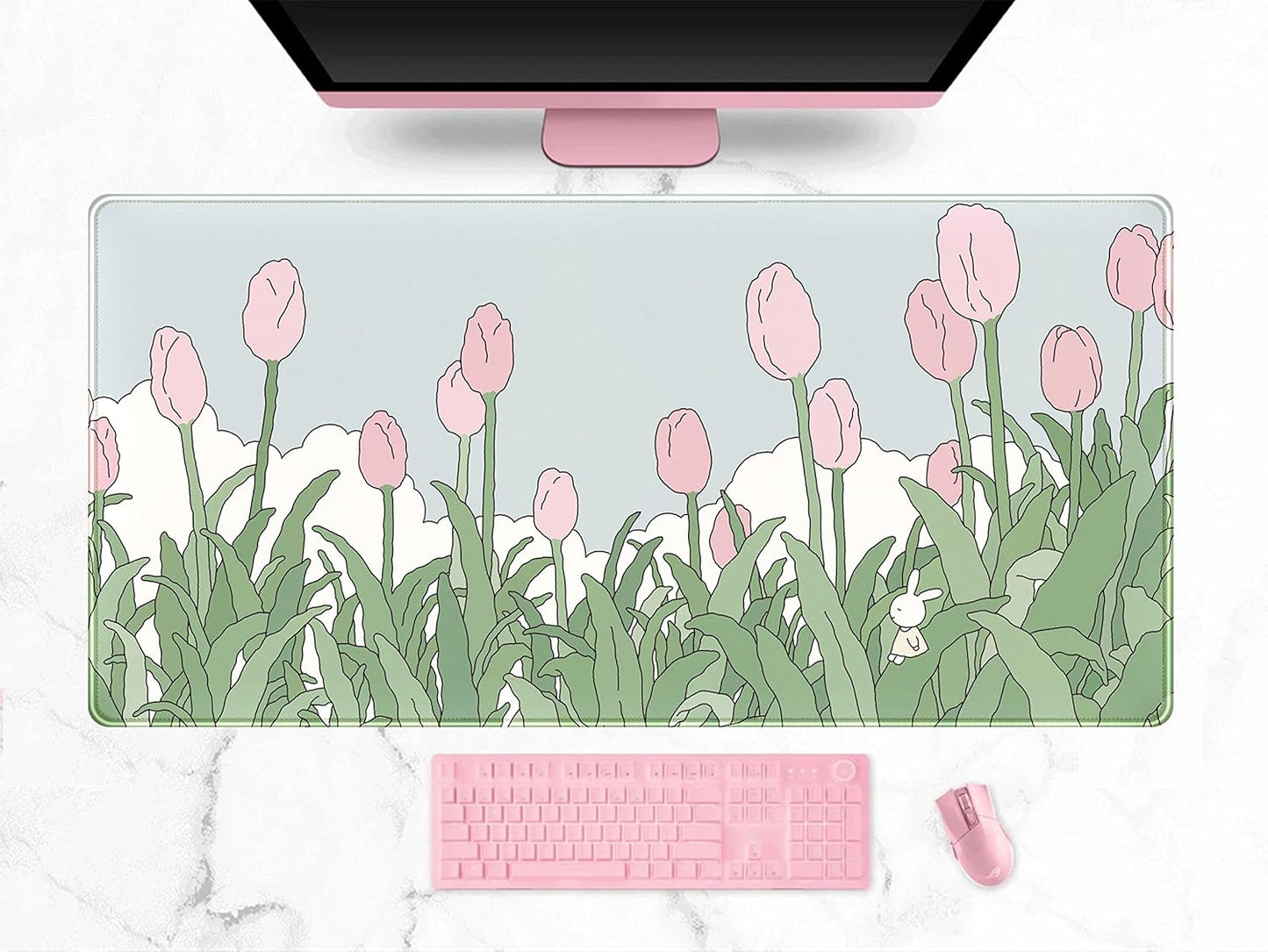WatercolorTulip Flower Mouse Pads,Extended Gaming Mousepad XXL Kawaii Anime Desk Mat Pink Green Large Full Desk Mouse Pad for Wireless Mouse Keyboard Mat with Stitched Edges 31.5" x15.75