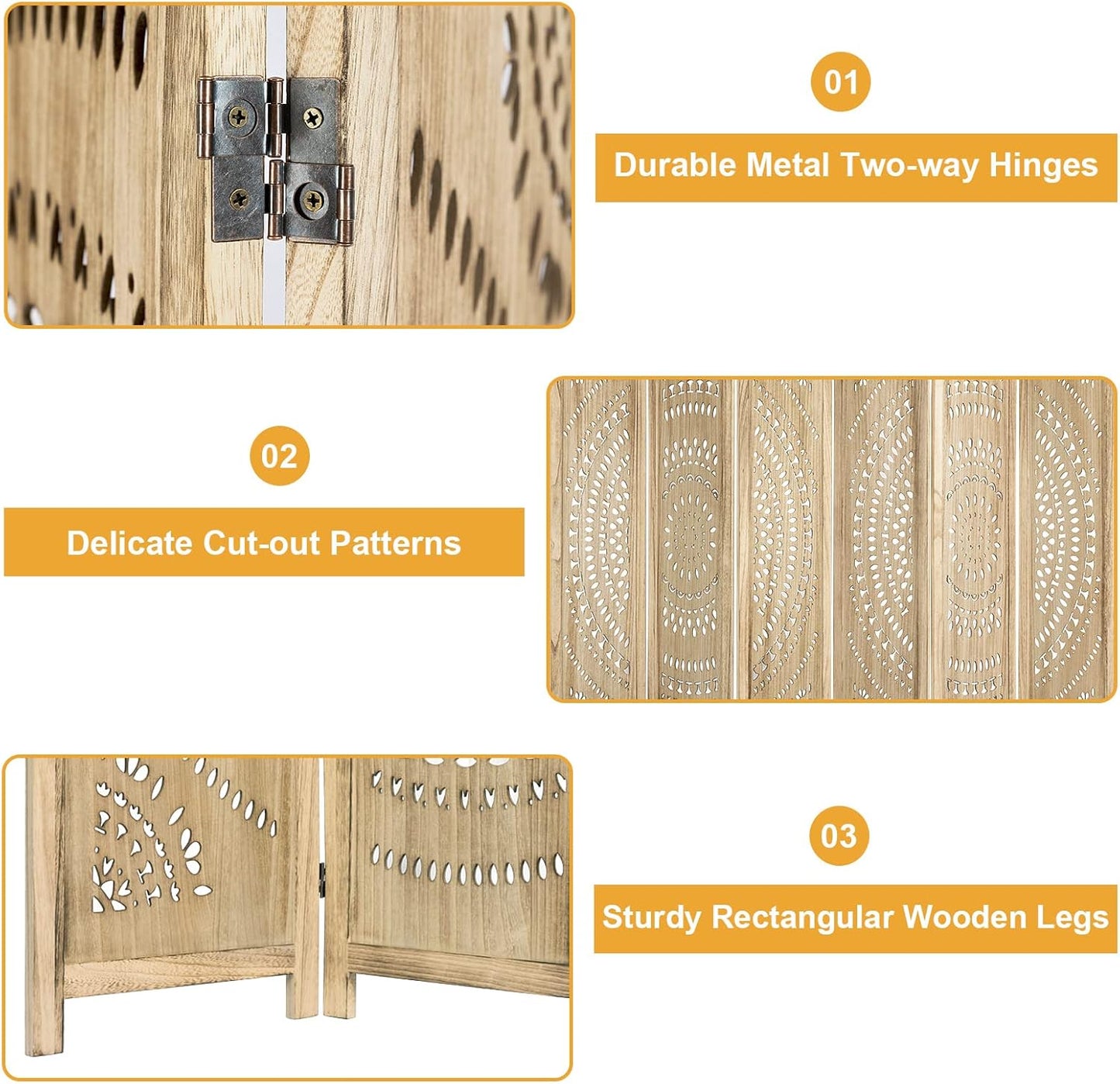 6 Panel Handcrafted Carved Room Divider Screen, 360° Adjustable Wood Folding Privacy Screens for Room Separation, 66.9 Inch Partition Room Dividers for Home Bedroom Office, Natural