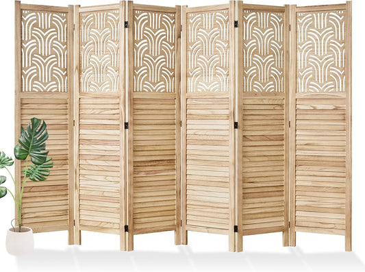 Folding Room Divider, 66.9 Inch 6 Panels Wood Carved Privacy Screens, Free Assembled Freestanding Portable Separation Wall for Home Office Bedroom (Natural)