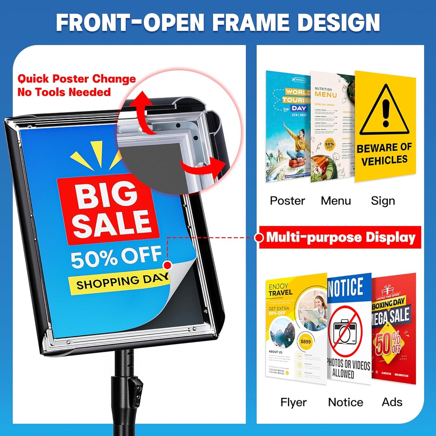 4Pack Sign Holder Stand - 8.5x11 Inch Adjustable Floor Standing Sign Stand for Display, Pedestal Poster Stand for Vertical & Horizontal View, Indoor & Outdoor Use for Business & Store - Black