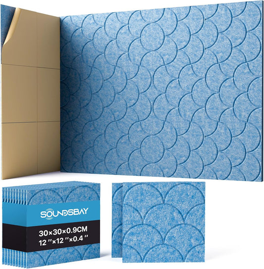 12-Pack Shell Acoustic Wall Panels Self-Adhesive, 10.6lb/ft³ High Density Sound Proof Foam Panels for Walls, 12" X 12" Soundproof Wall Panels for Door, Ceiling, Home Office, Sky Blue