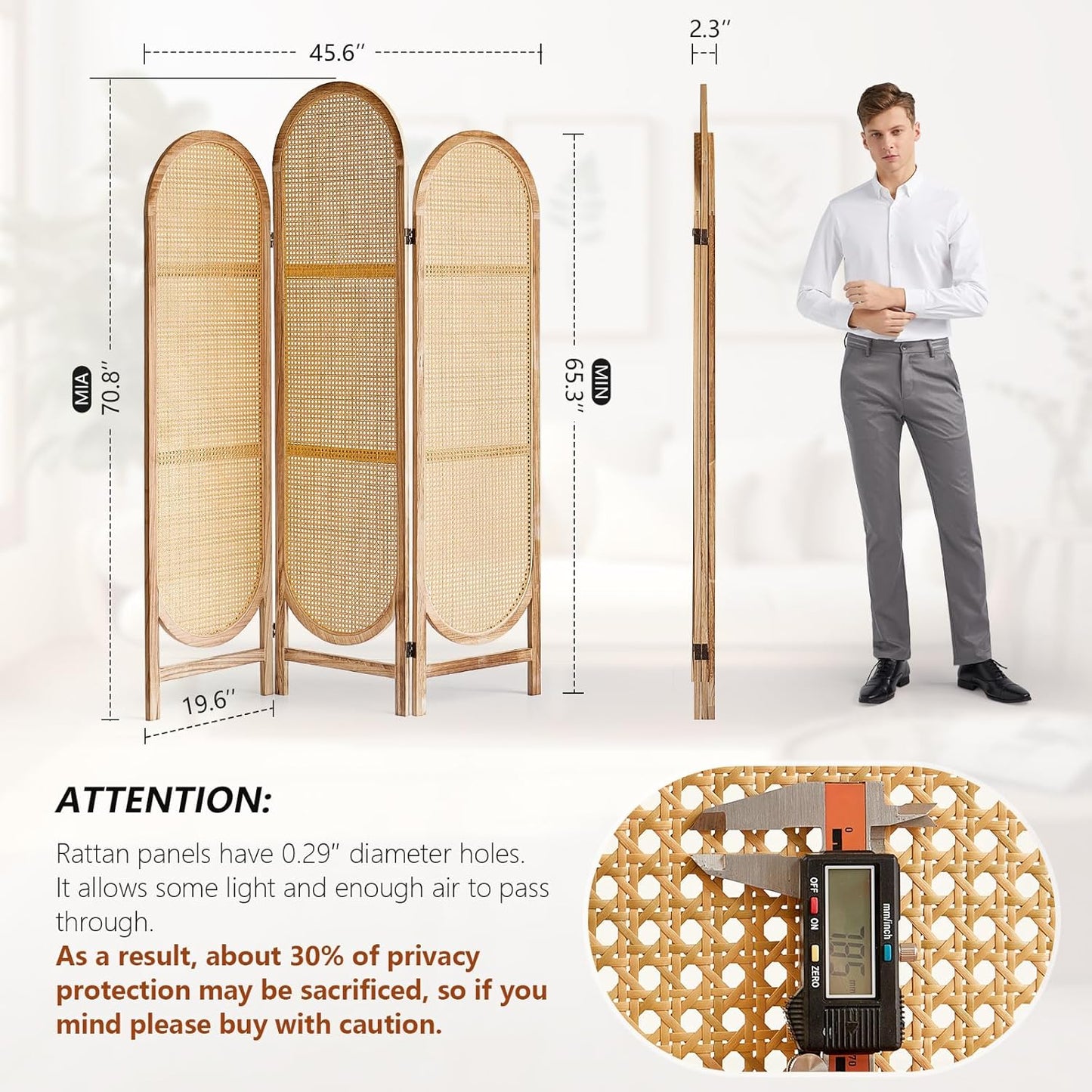 5.9 Ft Tall 3 Panel Room Divider Screen, Foldable Wooden Room Divider Panel, Folding Privacy Screen Made of Hand-Woven Rattan, Portable Wall Divider for Room Separation HomeOffice - Natural