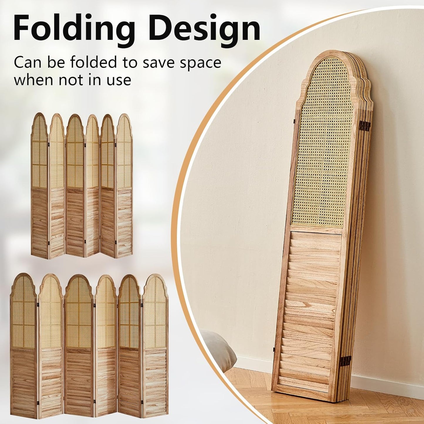 6 Panel Rattan Room Divider Panel, 5.6Ft Partitionsand Dividers, Louvered Partition Divider, Room Dividers Screen, Solid Wood Frame, Folding Screen, Bedroom, Family Room, Light Brown