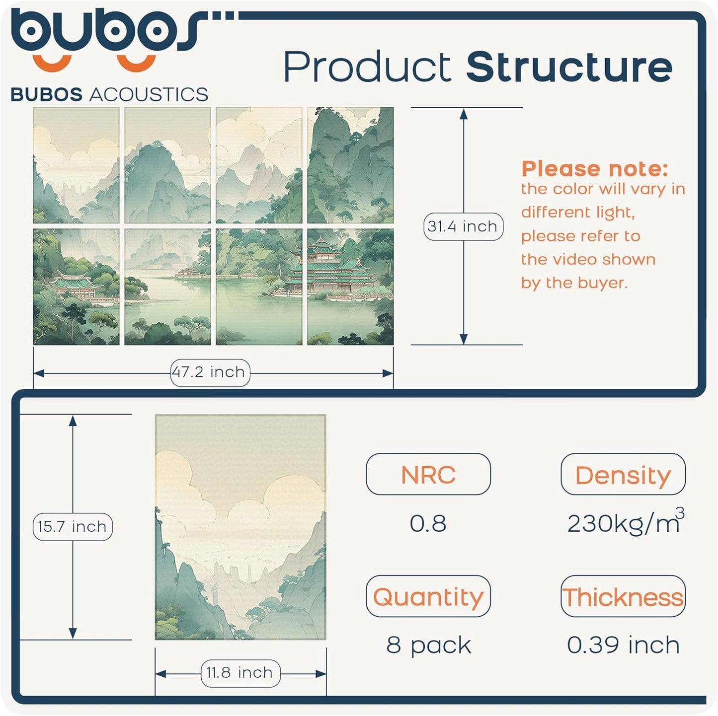 BUBOS 8 Pack Art Acoustic Panels Soundproof Wall Panel,47.2X31.4 Inches Sound Absorbing Panel,Self-adhesive Decorative Acoustical Wall Panels, Acoustic Treatment for Ceiling Home Office（Chinese Charm）