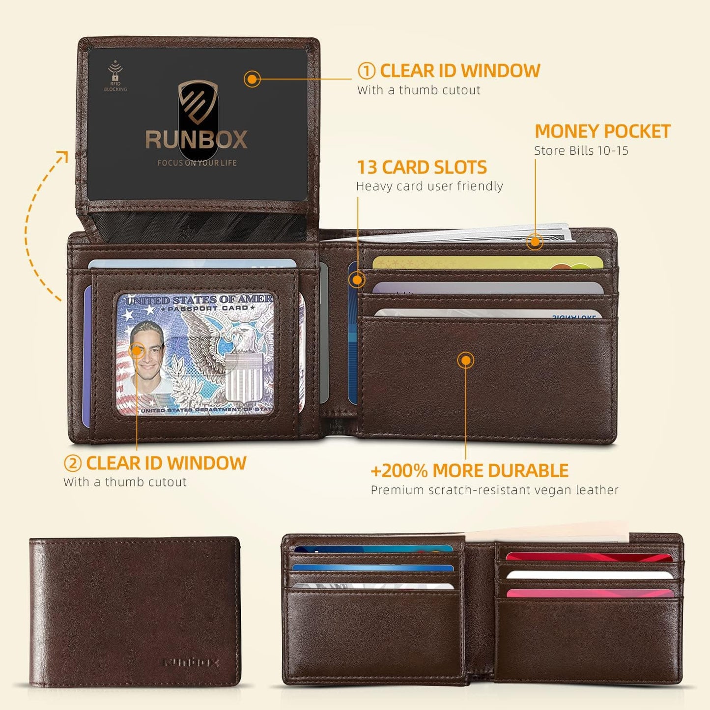 RUNBOX Wallet for Men Slim Rfid Leather 2 ID Window With Gift Box
