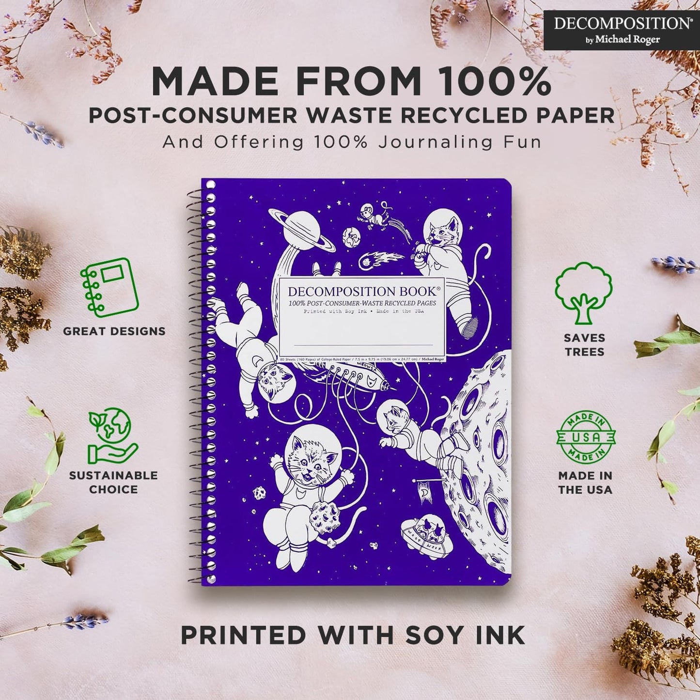 Decomposition Kittens in Space College Ruled Spiral Notebook - 9.75 x 7.5 Journal with 160 Lined Pages - 100% Recycled Paper - Cute Notebooks for School Supplies, Home & Office - Made in USA