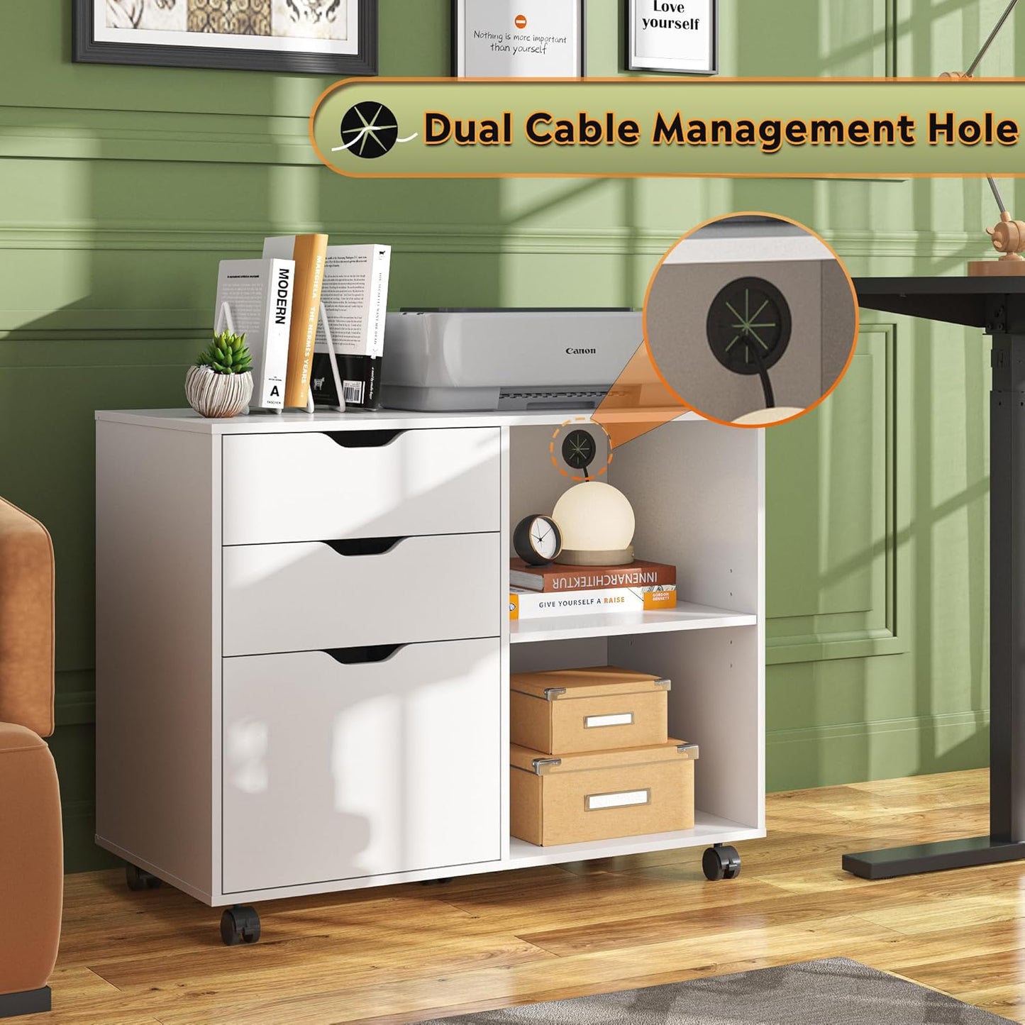 DEVAISE 3-Drawer Wood File Cabinet, Mobile Lateral Filing Cabinet, Printer Stand with Open Storage Shelves for Home Office, White