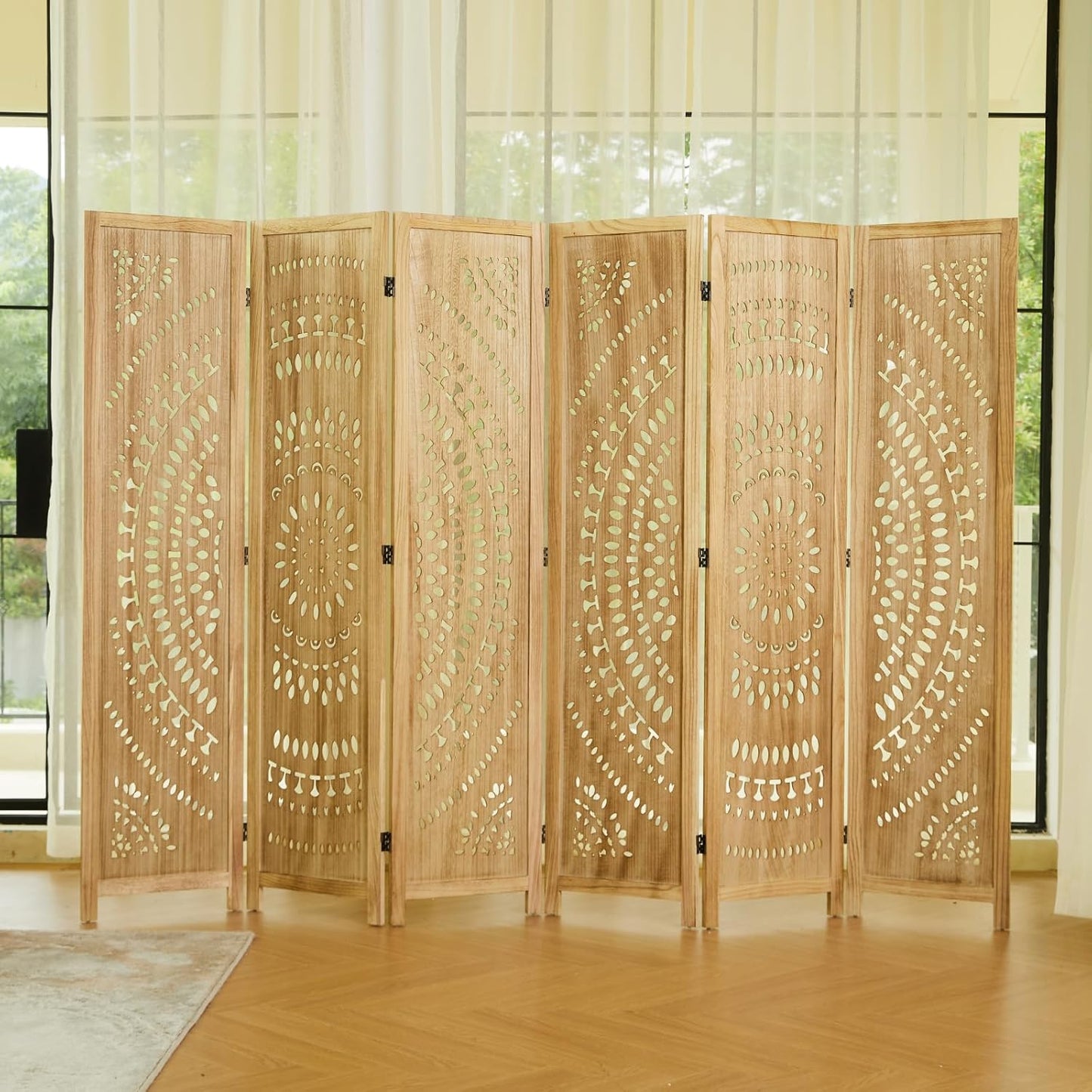 66.9Inch Folding Room Divider, 6 Panels Wood Carved Privacy Screens, Free Assembled Freestanding Partition for Home Office Restaurant Bedroom (Natural)