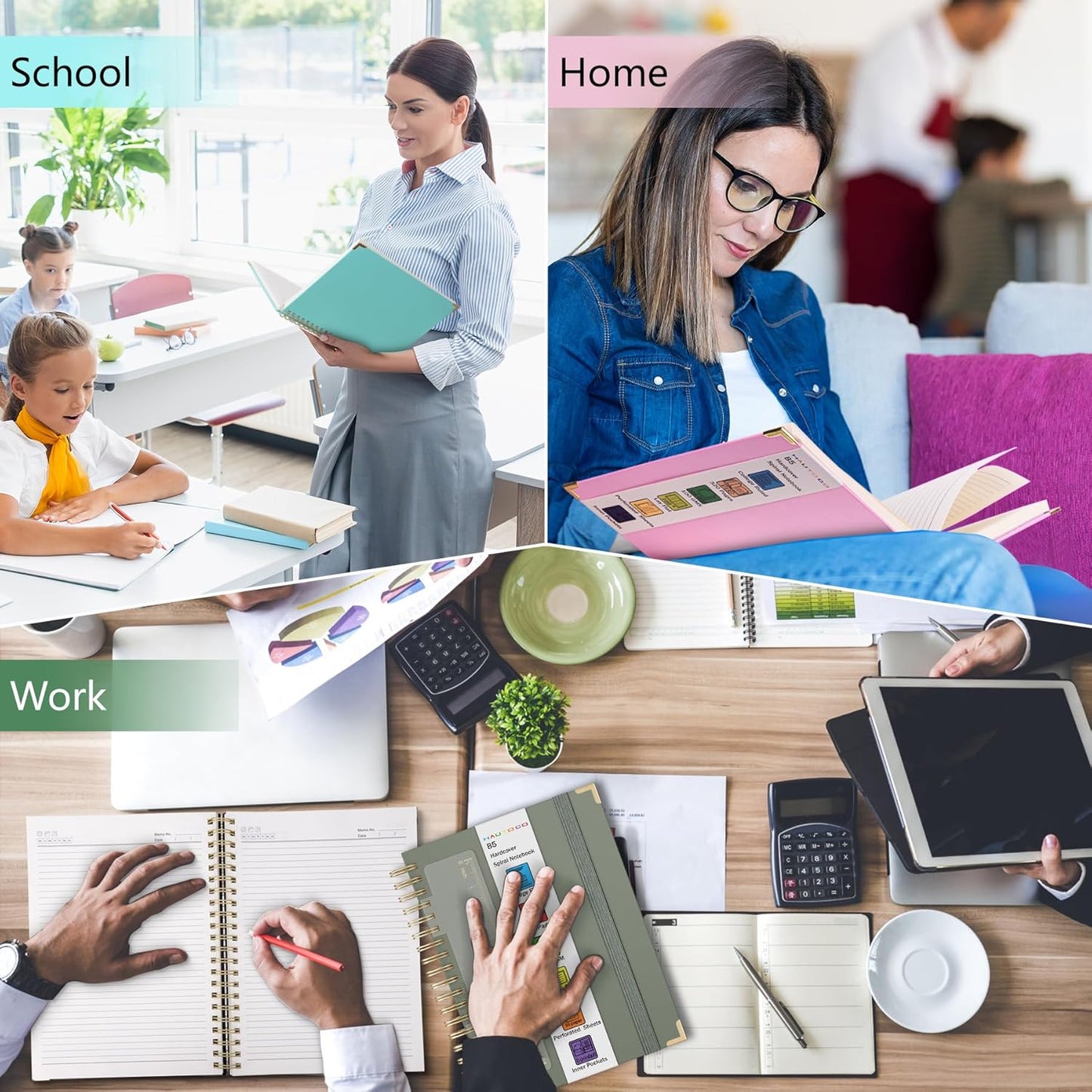 HAUTOCO Spiral Notebook College Ruled B5 Leather Bound Journal, 320 Pages, Hardcover Notebooks with tabs, 100 GSM Paper, 7x 9.7" Lined Journaling Notebooks for Work Office School Business, Olive Green