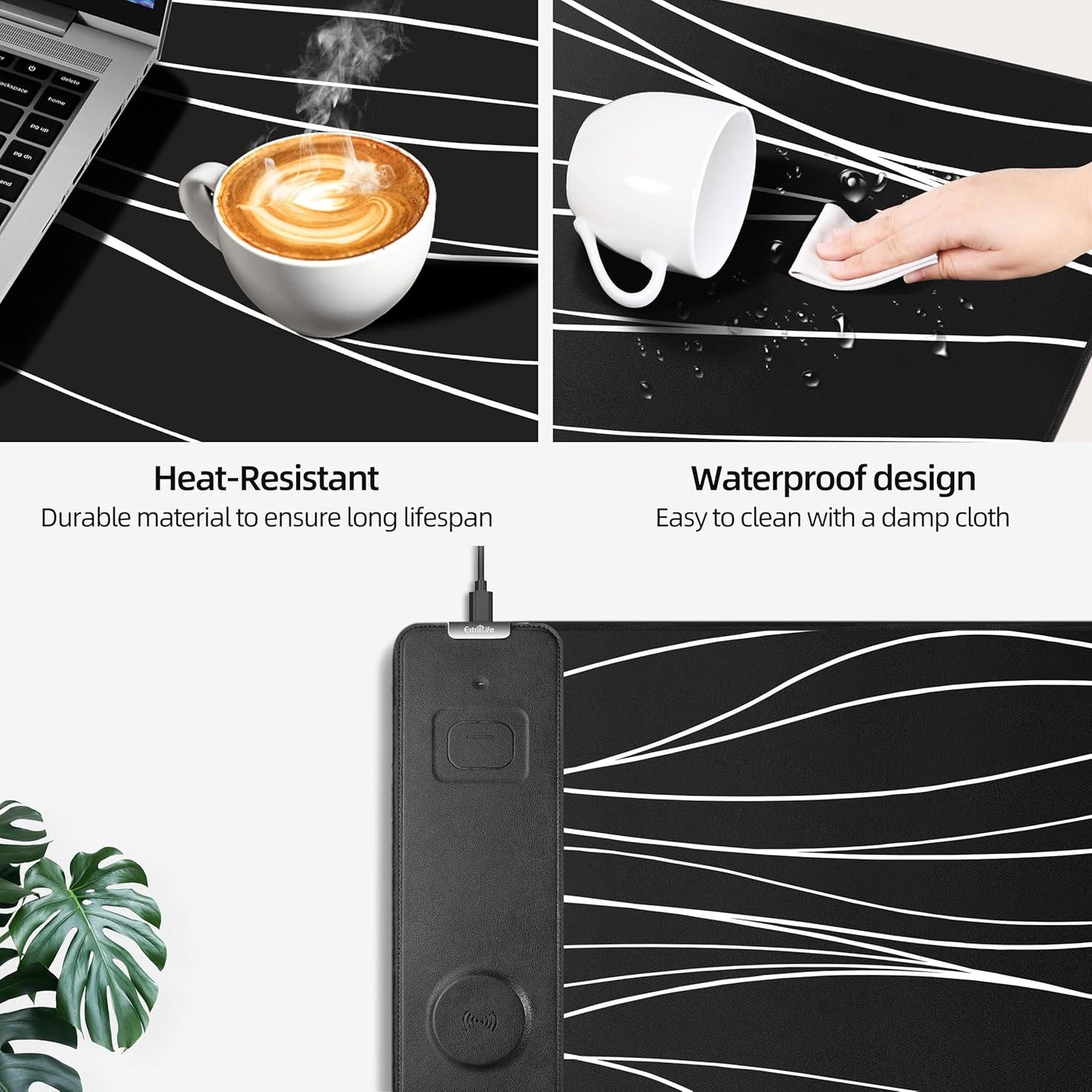 Mouse Pad with Wireless Charging, Gaming Mouse Pad with Ultra-Smooth Surface, Large XXL Desk Mat, Non-Slip Mouse Mat, Waterproof Computer Keyboard Pad for Desk, Office, 800x400x4MM, Black and Line