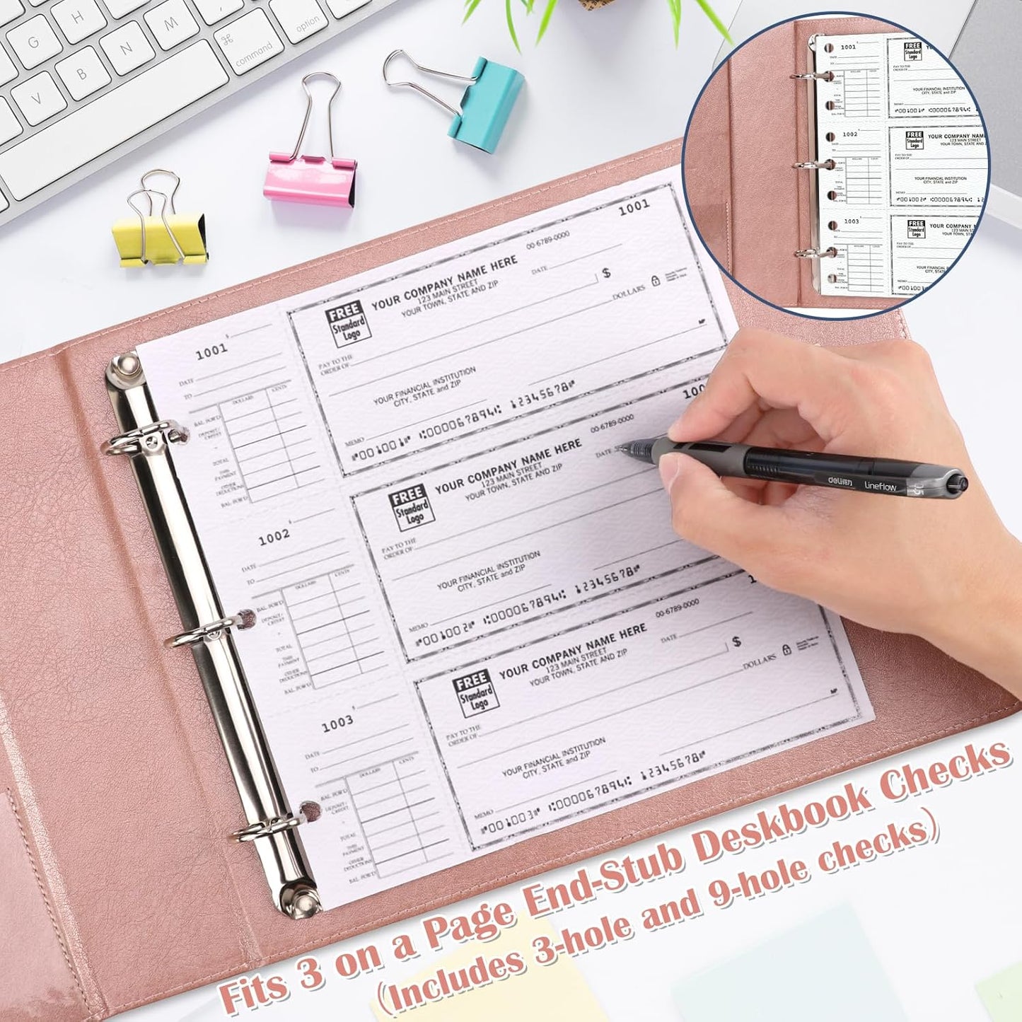 9" x11 1/4" PU Leather 3 Rings Personal Checks Binder for End-Stub Deskbook 3-Ring Binders for Desk Check fit 3 & 9 Holes Checkbook Binder Cover for Business Finances (Not Fit 7 Holes,Rose Gold)