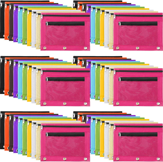 60 Pack Pencil Pouch 3 Ring Zipper Pencil Pouches Case Binder Cosmetic Bag 420d PVC Clear Film Pencil Case Kawaii Office Supplies Double Zip Zipper Pouch (Multi Color)