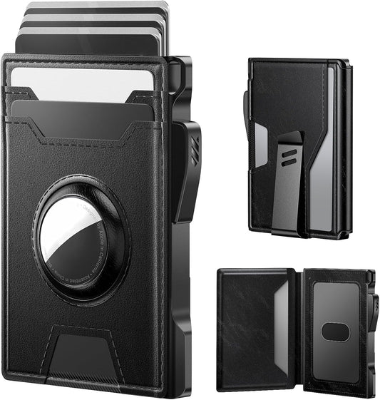 typecase AirTag Wallet for Men: Pop Up Card Case, Secure Holder for Apple Air Tag, Premium Leather, Smart, RFID Blocking, Slim, Minimalist, Thin, 13 Cards Capacitiy | ID Window | Money Clip (Black)