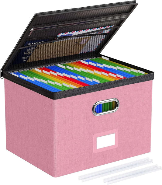 Oterri 1 Pack Large File Organizer Boxes with Lids, File Box with Mesh Pockets, Document Organizer Box for Legal/Letter Size Folders, Zippers Important Document Organizer (Pink, Without Folders)