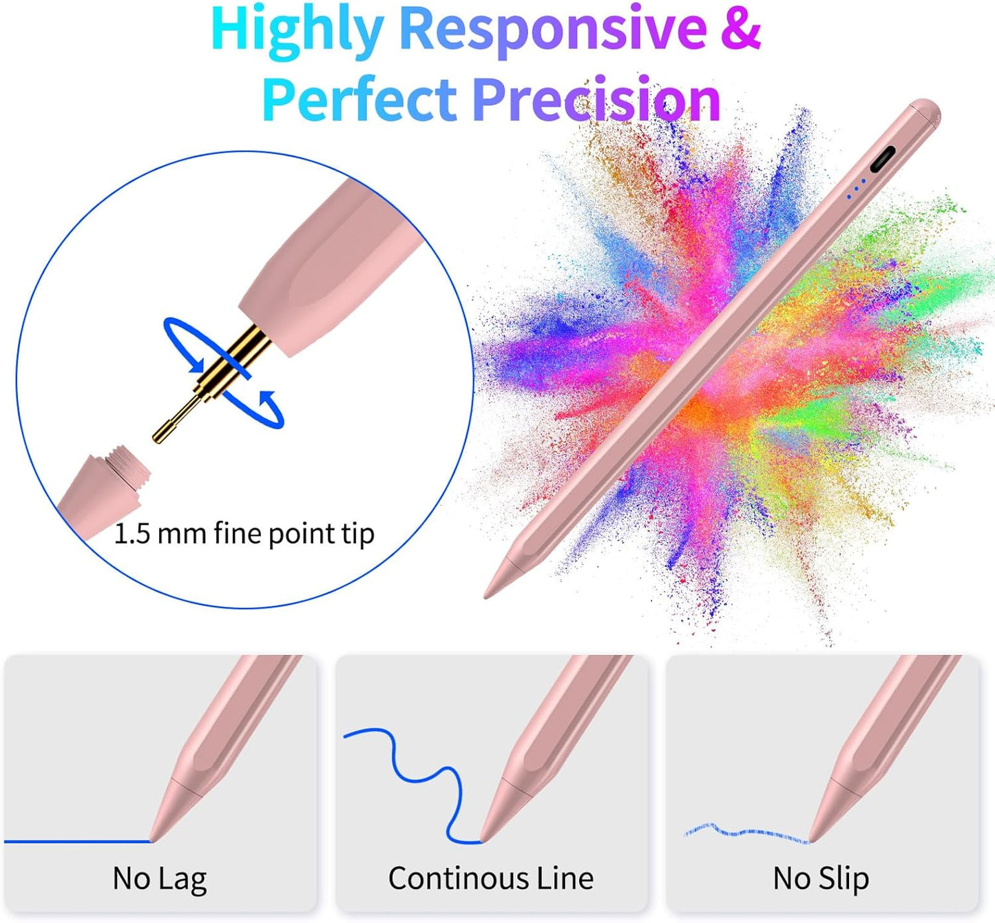 Stylus Pen for iPad, Fast Charging Pencil for Pad with Palm Rejection, Tilt Sensitivity for iPad 6-10, Pro 11"/12.9"/M4, Air 3/4/5/M2, Mini 5/6, Pink