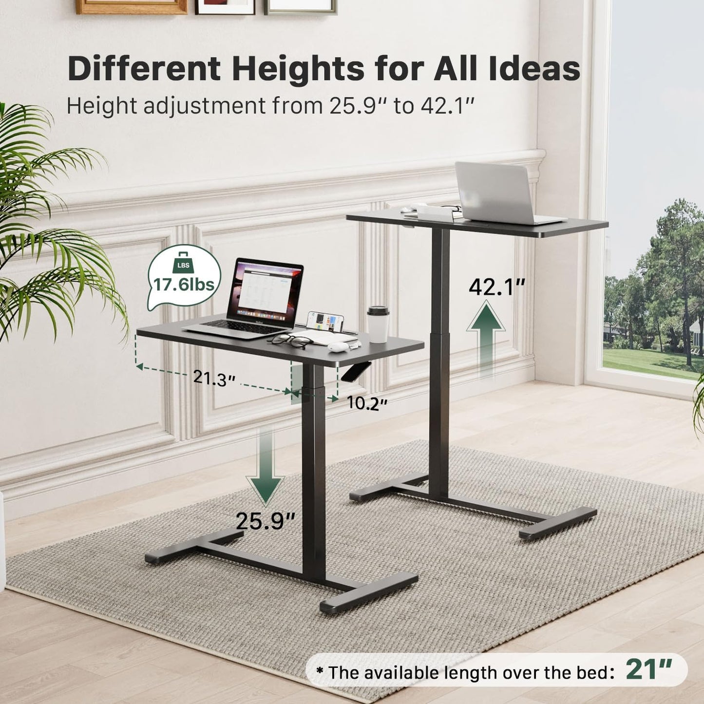 Mobile Standing Desk, Pneumatic Adjustable Rolling Desk(31.5 Inches), Portable Laptop Desk with Wheels, Overbed Bedside Table Laptop Table for Couch, Home, Office, Black