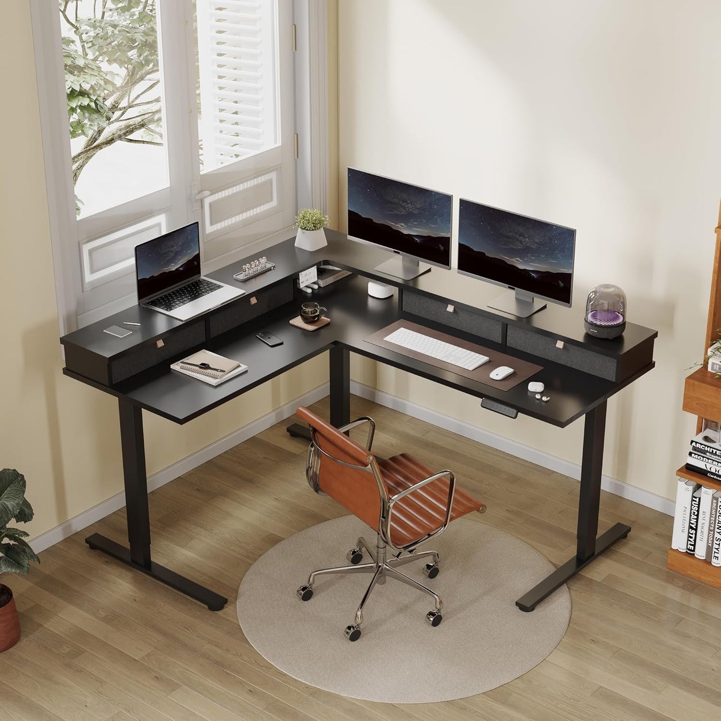 FLEXISPOT 63" L Shaped Standing Desk Electric Corner Table with Monitor Shelf, 4 Storage Drawers, Adjustable Computer Workstation for Home, Office, Game, Studio, Black Top + Black Frame