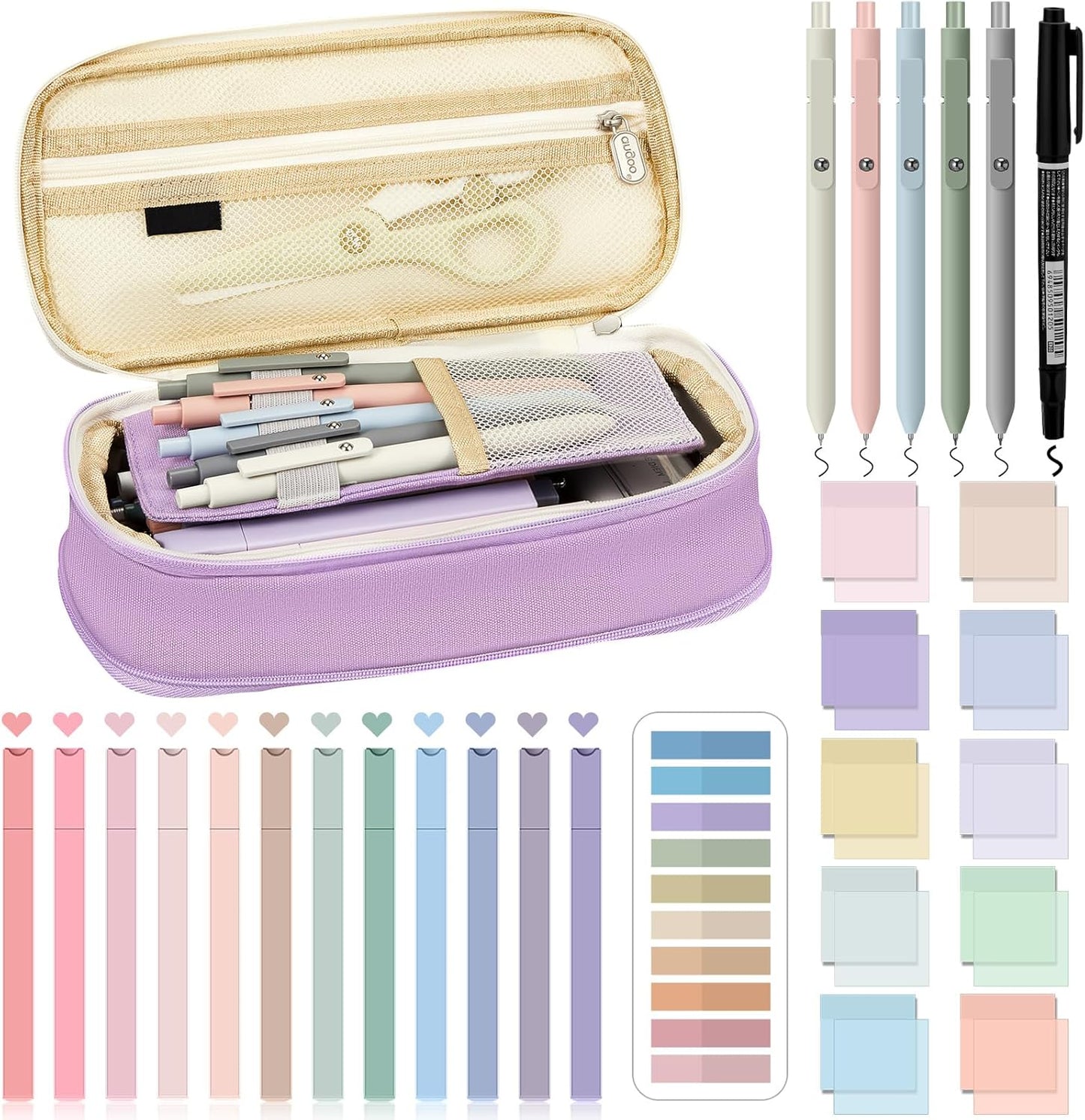 Jutom 39 Pcs Aesthetic Book Annotation Kit Highlighter with Pencil Case Bag Gel Pen Transparent Sticky Note Taking Bible Study College School Supplies(Purple,Cute Style)