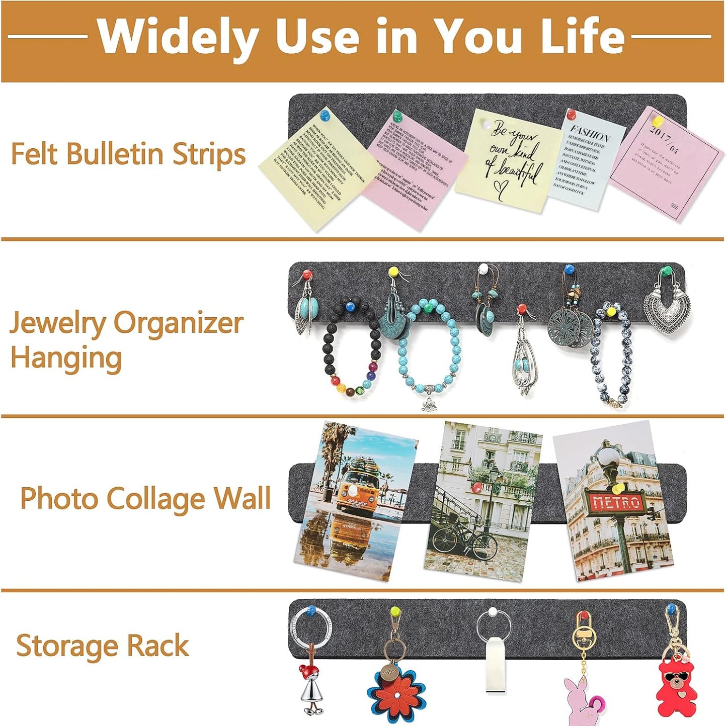 Felt Pin Board Bar Strips Bulletin Board for Bedrooms Offices Home Wall Decoration, Notice Board Self Adhesive Cork Board with 35 Push Pins for Paste Notes, Photos, Schedules