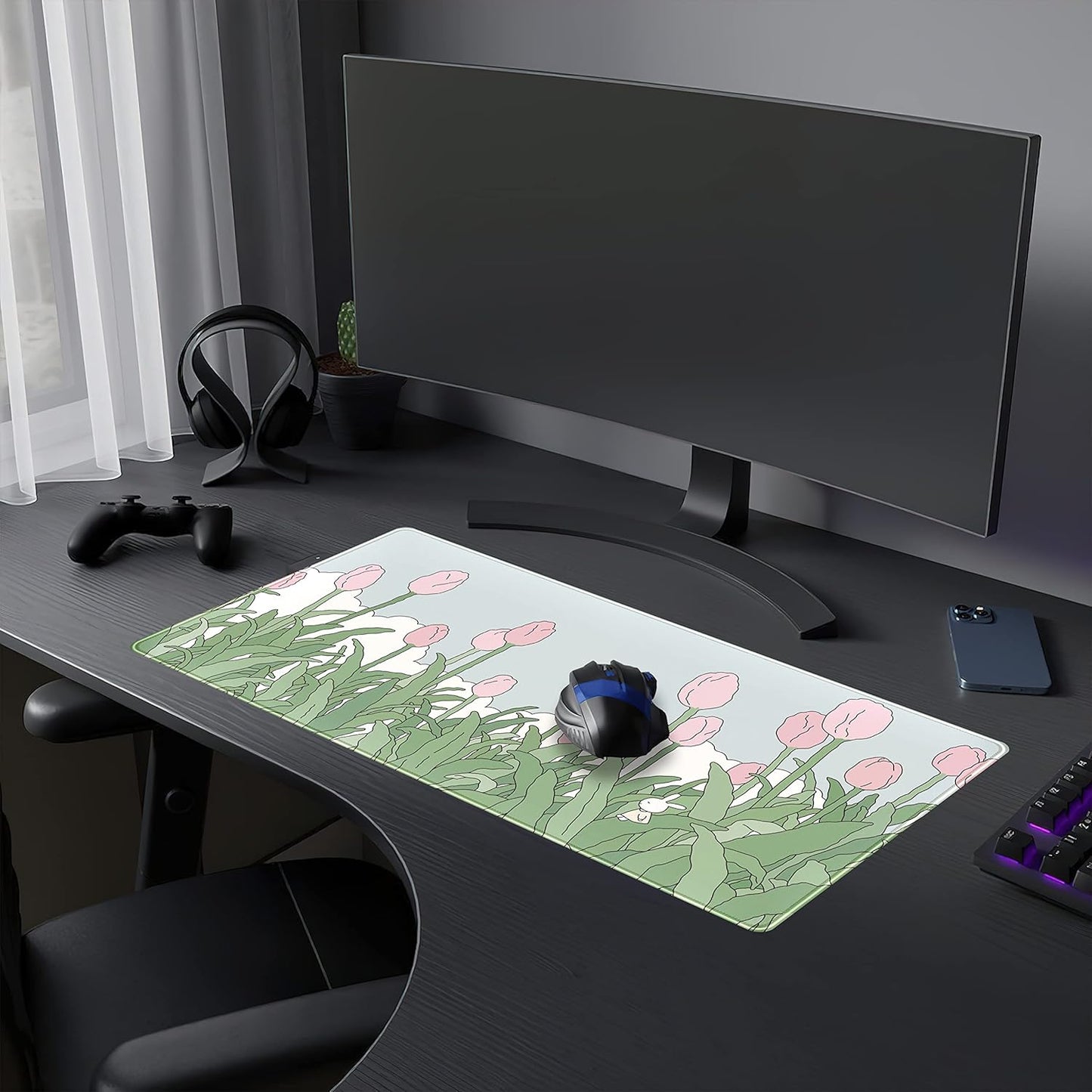 WatercolorTulip Flower Mouse Pads,Extended Gaming Mousepad XXL Kawaii Anime Desk Mat Pink Green Large Full Desk Mouse Pad for Wireless Mouse Keyboard Mat with Stitched Edges 31.5" x15.75