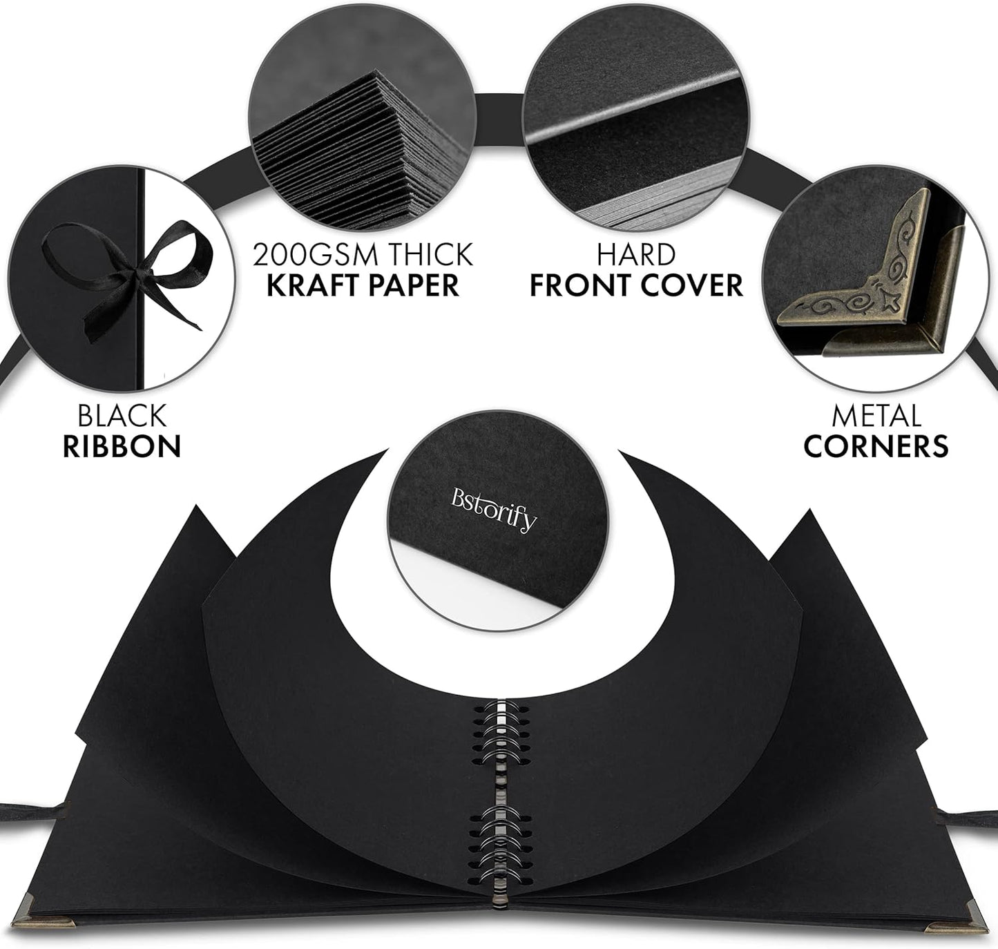 Bstorify Square Scrapbook Photo Albums 36 Pages (7 x 7 inch) Black Thick 250gsm Kraft Paper Scrap Book, Memory Book, Ribbon Closure - Ideal for Your Scrapbooking Albums, Art & Craft Projects