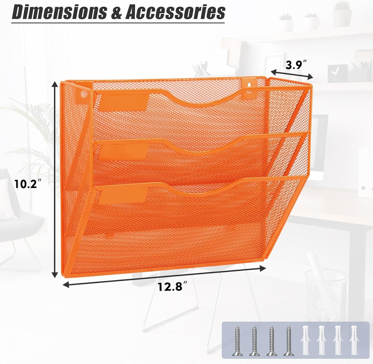 EASEPRES 3 Pocket Mesh Hanging Wall File Organizer, Wall Mounted Mail Paper Document Folder Holder, Clipboard Storage Organization Magazine Rack with Nametag Label for Office Home School, Orange