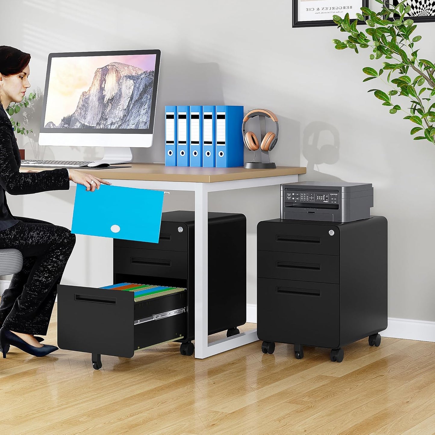 SISESOL 3 Drawer File Cabinet with Lock,Rolling File Cabinets,Under Desk File Cabinet,Three Drawer Filing Cabinet for Home Office with Wheels,Fit A4/Letter/Legal File,Fully Assembled Except Casters