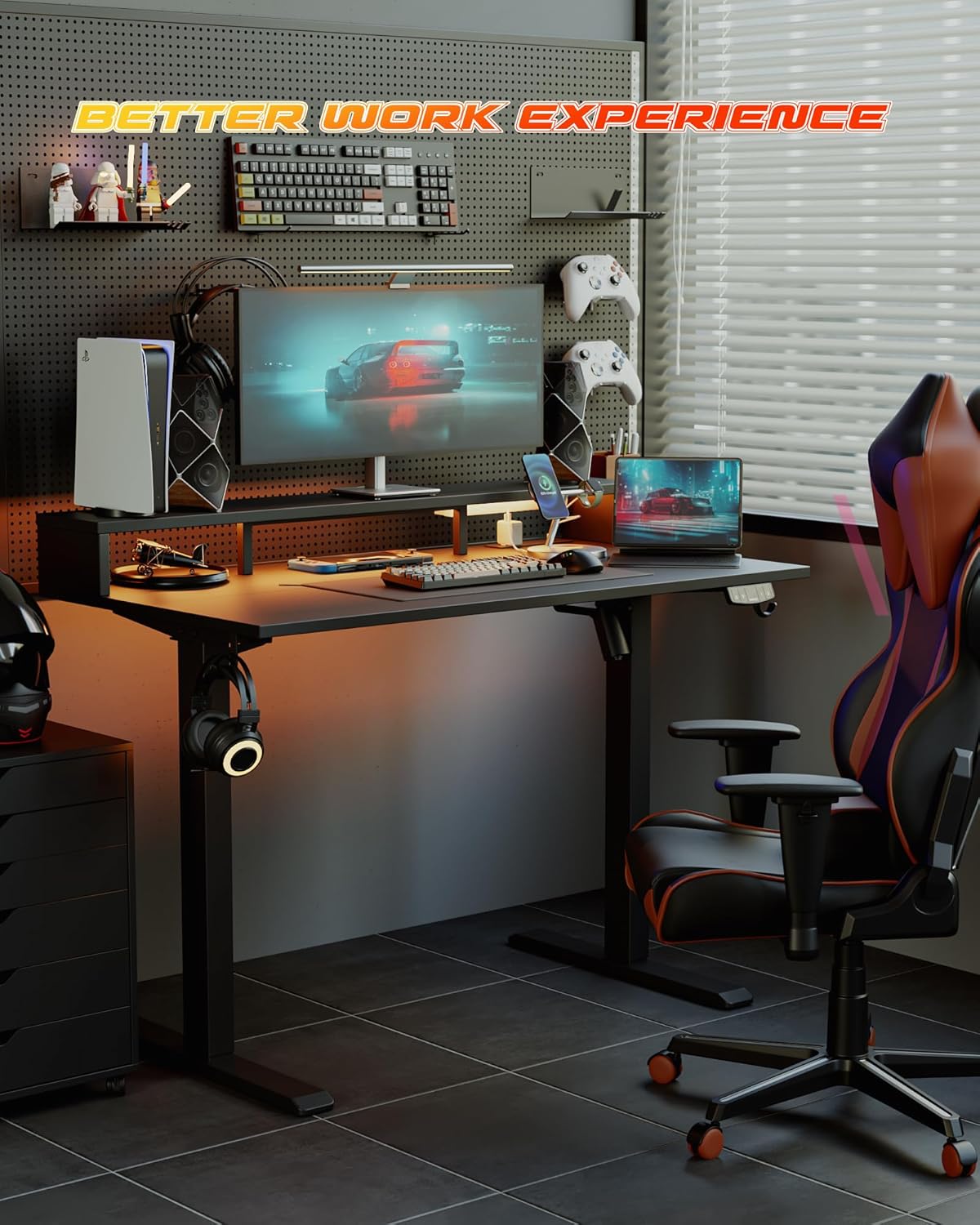 Electric Height Adjustable Standing Desk with Power Outlet and LED Light Strip, Sit to Stand, Ergonomic 48x24 Rising Desk with Memory Presets, Home Office Workstation, Computer Gaming Table, Black